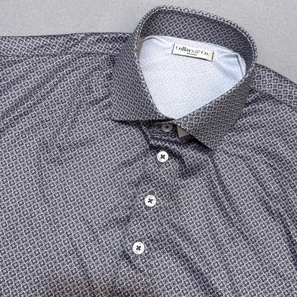 COLLARS & CO Dress Collar Polo Mens Medium Gray Geometric Performance Shirt NWOT